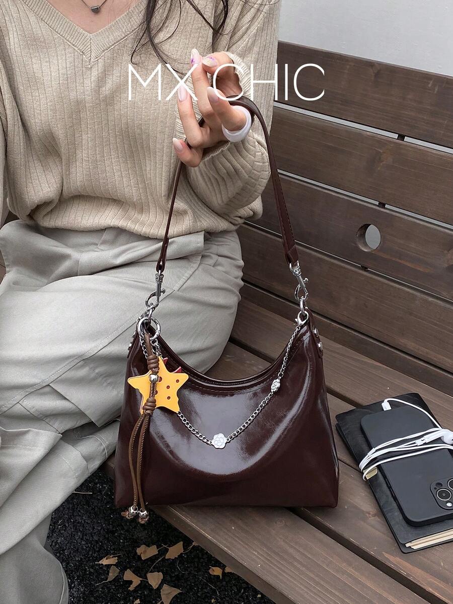 1pc Women's Solid Color PU Shoulder Crossbody Bag, Fashionable Retro Oil Wax Leather Chain Decor Crescent Bag, Suitable For Commuting And Shopping - Coffee Brown - View 1