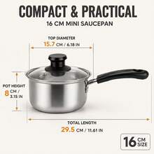 Nồi sữa mini bằng thép không gỉ 6.3 inch (16cm) có nắp kính, nồi nấu súp nhỏ, phù hợp cho thức ăn em bé, mì và súp - Xem 8