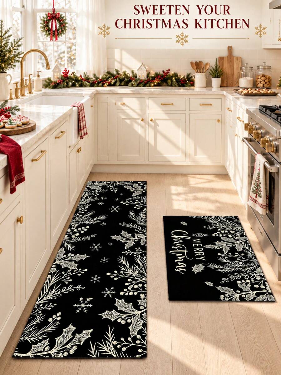 1/2pcs Christmas Kitchen Floor Mat, Merry Christmas Kitchen Rug - Christmas Tree Kitchen Decor - Black Christmas Decoration, Suitable For Floor, Bathroom, Living Room, Entrance, Christmas Holiday Gift! - Multicolor - View 1