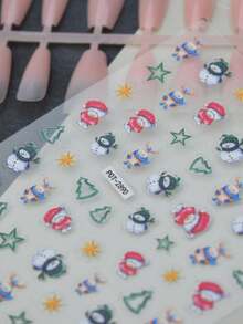 1pc Cute Cartoon Snowman & Bear Nail Stickers, Hollow Christmas Tree, Star & Reindeer Nail Decals, Christmas Theme, Shiny Surface, Asymmetrical Shape, Soft & Cute Style, Suitable For Holiday Party & Daily Manicure - Multicolor - View 5