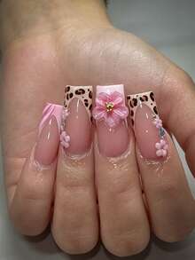 10pcs-Y2K Style, Leopard Print Pink Flower Press-On Nails, Pink Flower Gold Bead Long Square Nails, Leopard Design, Nude Pink Gradient, Sparkling Diamond Decoration Fake Nails-Essential Nails For Spring, Summer, Autumn, Winter, Suitable For Social, Party And Daily Use, Best Gift For Girls And Women - Multicolor - View 5