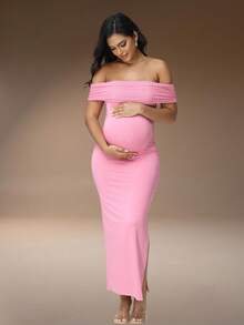 JustVH Maternity Off-Shoulder Mesh Elegant Summer Sleeveless Dress, Suitable For Baby Shower Photography Fall - Baby Pink - View 1