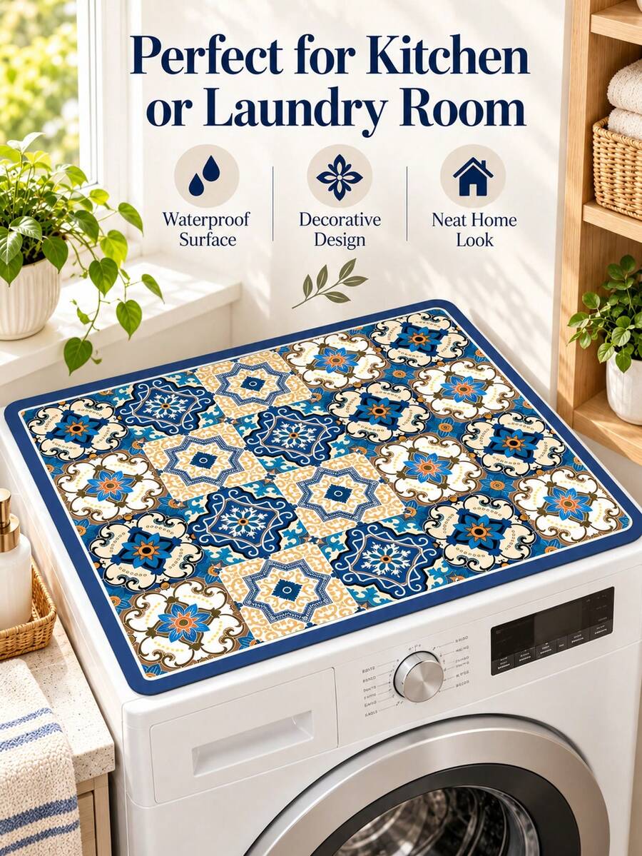 Vintage Mosaic Washing Machine Cover - Waterproof And Durable Silicone Material, 23.62X19.69 Inch Kitchen Or Laundry Decorative Cover, Multicolor Design, Home Storage, Fashion Home Accessories, Durable Materials - Multicolor - View 1