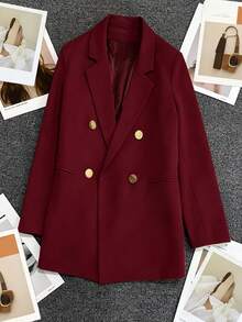 Women's Solid Color Long Sleeve Double-Breasted Blazer With Notch Lapel, Spring/Summer | Suitable For Dates, Parties, Outings And Holiday Celebrations - Burgundy - View 5
