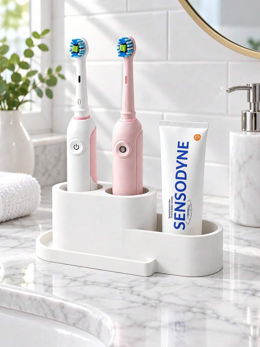 1pc Electric Toothbrush Holder, Can Hold 2 Electric Toothbrushes And 1 Toothpaste, Detachable Design For Easy Daily Cleaning, Bathroom Storage Organizer, Keep Your Bathroom Tidy - Multicolor - View 1