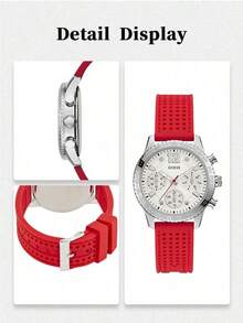Đồng hồ nữ GUESS Quartz Chronograph W1025L2, vỏ tròn bạc đánh bóng, dây silicone đục lỗ màu đỏ, thiết kế 3 mặt số phụ - Đỏ - Xem 6