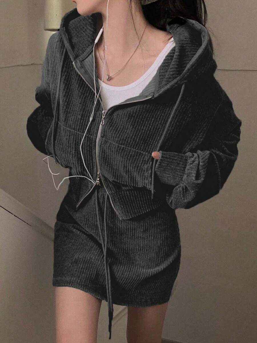 YCYC Women's Autumn Vintage Corduroy Hooded Jacket + Drawstring High Waist Skirt 2 Pieces Set - Black - View 1