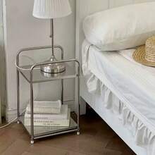 1 chiếc bàn cạnh giường hiện đại viền thép không gỉ có ngăn lưu trữ, màu bạc, kệ lưu trữ gia đình, không cần lắp ráp, chiều cao dưới 27 inch, thiết kế tiết kiệm diện tích, không cần điện, phù hợp cho sofa và nhà bếp, kệ tiện dụng - Nhiều màu - Xem 4