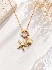 1pc Stainless Steel 18K Gold Plated Ocean Style Hollow Starfish & Scallop Shell Pendant OT Clasp Necklace - Multicolor - View 2