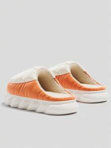 Winter New Fashion Thermal Lined Color Block Patchwork Women's House Slippers Slip-On Simple Thick Sole Unisex Couple Home Bedroom Basic Slippers - White and Orange - View 8