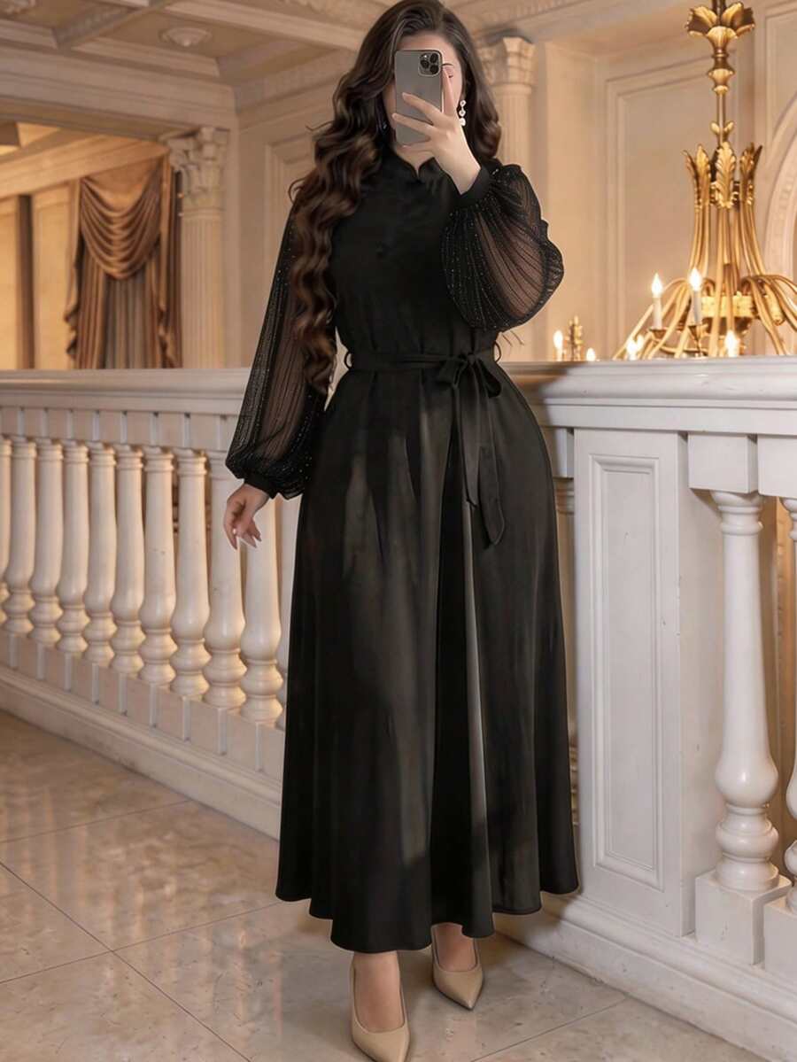 Plus Size Elegant Modest Stand Collar Shiny Fabric Lantern Sleeve Abaya Long Dress Cinched Waist Slimming Belly Cover Muslim Long Robe Party Dress - Black - View 1