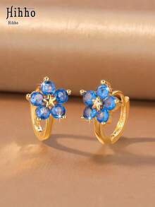 Hihho 2pcs/Set 3D Flower Design Earrings, Transparent Blue Zirconia, Rich Color & Sparkling, Small Size, Delicate & Lively On Ears, Suitable For Daily Wear Or As Festival Gift - Small Flower Star - View 9