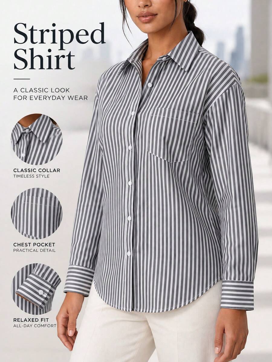 Women Striped Button Front Shirt Long Sleeve Classic Collar Casual Loose Fit Blouse With Chest Pocket - Black and White - View 1