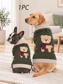 1pc Cute Bear Embroidery Pet Sweater, Soft Comfortable Knitted Cardigan, Suitable For Small Medium Large Dogs, Thickened Knitted High Neck Design, Elastic Warm, Suitable For Schnauzer Bichon Frise Winter Clothing - Army Green - View 9