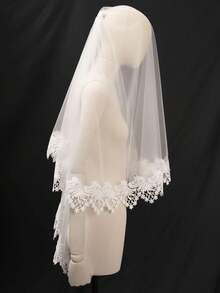 1 Pc 2 Tier Wedding Veil Fingertip Length Lace Applique Bridal Veil Blusher Veil With Metal Comb For Brides - Multicolor - View 10