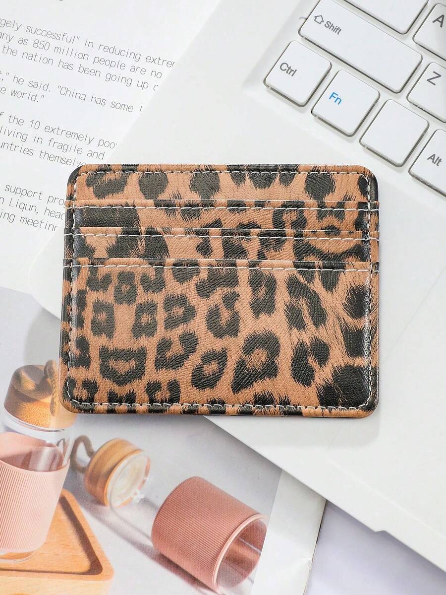 1pc New Leopard Print Ultra-Thin Card Holder, Multi-Slot Minimalist Card Wallet, Portable PU Leather ID Credit Card Pouch - Brown - View 1