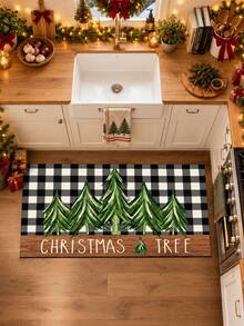 1pc Christmas Black & White Plaid Print Kitchen Floor Mat, Merry Christmas Lettering Red Vintage Truck & Christmas Tree Pattern Long Runner Rug, Wood Grain Patchwork American Country Farmhouse Style - Multicolor - View 5