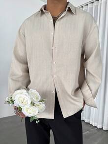 GloMan Old Money Style Men's Apricot Textured Striped Long Sleeve Shirt, Suitable For Business Casual, Office Commute, Family Gathering, Couple Matching, Gift For Husband/Father - Khaki - View 6