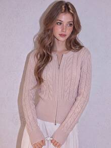 Women's New Casual Cable Knit Slim Fit Cardigan Sweater, Full Zip Front, Short Length Round Neck Long Sleeve, Suitable For Autumn/Winter Layering - Ash Powder - View 1