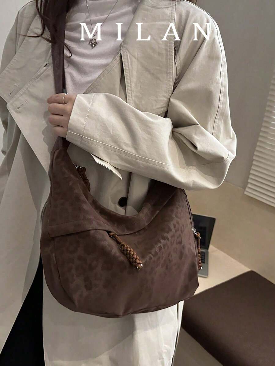 حقيبة كتف مطبوعة بنقشة الفهد غير لامعة، أسلوب كاجوال بسيط جامعي، حقيبة كروس بودي بحزام عريض مع تصميم متعدد السحابات، مناسبة للطلاب والفصول الدراسية والتسوق والاستخدام اليومي - بني داكن - مشاهدة 1