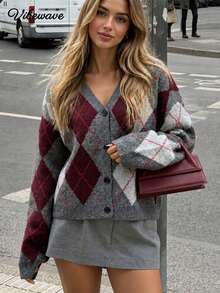 VIBEWAVE Women 90sRetro Preppy Argyle V‑Neck Cardigan Grey‑Red Color Block Drop Shoulder Long Sleeve Knit Sweater Fall Winter Back To School Layer Top - Multicolor - View 2
