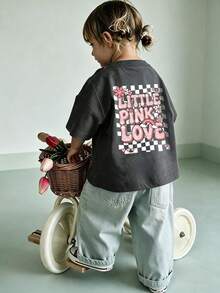 Baby GirlMinimalist Plaid Graffiti & Letter Print Round Neck Short Sleeve Cute Top - Dark Grey - View 1