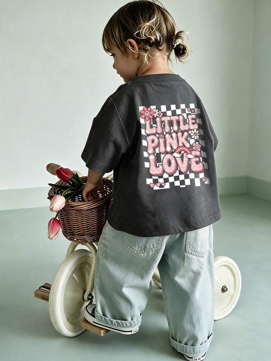 Baby GirlMinimalist Plaid Graffiti & Letter Print Round Neck Short Sleeve Cute Top - Dark Grey - View 1