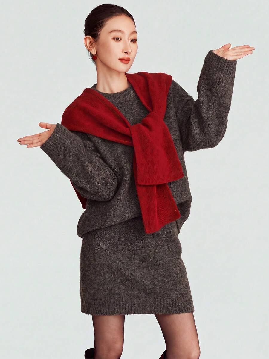 Women's Autumn/Winter Minimalist Pocket Design Crew Neck Pullover & Skirt Sweater 2 Pieces Set - Dark Grey - View 1