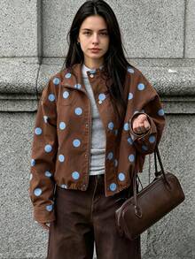 Jaket Pendek Polkadot Musim Semi/Gugur, Gaya Kasual Elegan, Potongan Longgar, Kancing Depan, Pakaian Luar Serbaguna - MultiWarna - View 2