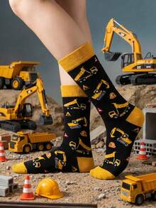 Men's Mid-Calf Socks 1/3 Pairs Randomly Shipped, Fun Pattern Socks With Construction Vehicle And Red Wine Print, Novel Mid-Calf Socks Suitable For Daily Casual Wear, Gift - Multicolor - View 1