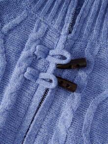 Women's Fall/Winter High-Neck Cable Knit Zip Short Cardigan With Frog Button Trim, Long-Sleeve Sweater For Daily,Holiday, Halloween, Christmas, School - Blue - View 9