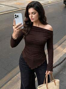 Auveirra Plus Size Women Brown Solid Asymmetric Hem Ruched Shoulder Long Sleeve Fitted Fashionable T-Shirt/Winter Casual - Brown - View 1