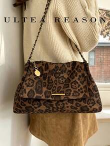 1pc Leopard Print Polyester New Women's Bag, Shoulder Bag, Crossbody Bag, Fashion Square Handbag, Chain Strap, Suitable For Commuting, Shopping, Dating - Coffee - View 2