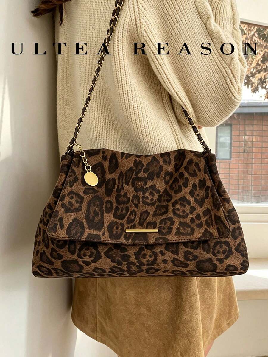 1pc Leopard Print Polyester New Women's Bag, Shoulder Bag, Crossbody Bag, Fashion Square Handbag, Chain Strap, Suitable For Commuting, Shopping, Dating