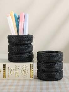 1pc Creative Simulated Tire Shaped Makeup Brush Holder, Car Enthusiast Desktop Accessory, Quirky Personalized Desk Storage Bin, Stationery Office Organizer Decor - Multicolor - View 4