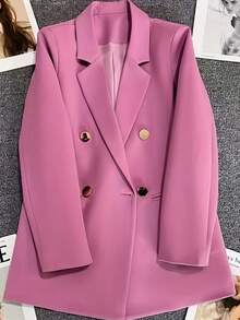 Spring/Summer Women's Solid Color Long Sleeve Double-Breasted Blazer, Notch Lapel | Suitable For Dates, Parties, Outings And Holiday Celebrations - Bright Rose - View 6