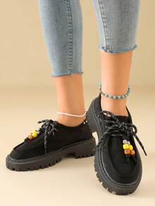 Lace-Up Vintage Beaded Suede Solid Color Loafers With Thick Serrated Platform Sole Slip-On Wedge Heels Fashion Versatile - Black - View 5