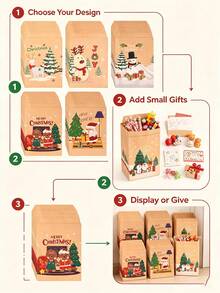 10/60pcs Christmas Candy Paper Bags Christmas Tree Santa Claus Kraft Paper Bags Holiday Party Snack Gift Packaging Bags - Mocha Brown - View 4