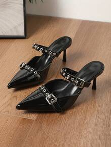 Women's One-Strap Summer Outdoor Slip-On Sandals Anti-Slip Pointed Toe High Heel Thin Heel Rivet Closed Toe Sandals - Black - View 6