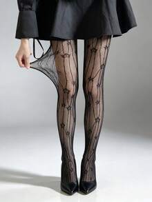 Black Vertical Striped Ditsy Floral Lace Jacquard Mesh Tights Anti-Slip Minimalist Sexy Style Black Leggings 1 Pair Suitable For Daily Commute Outfit - Black - View 1