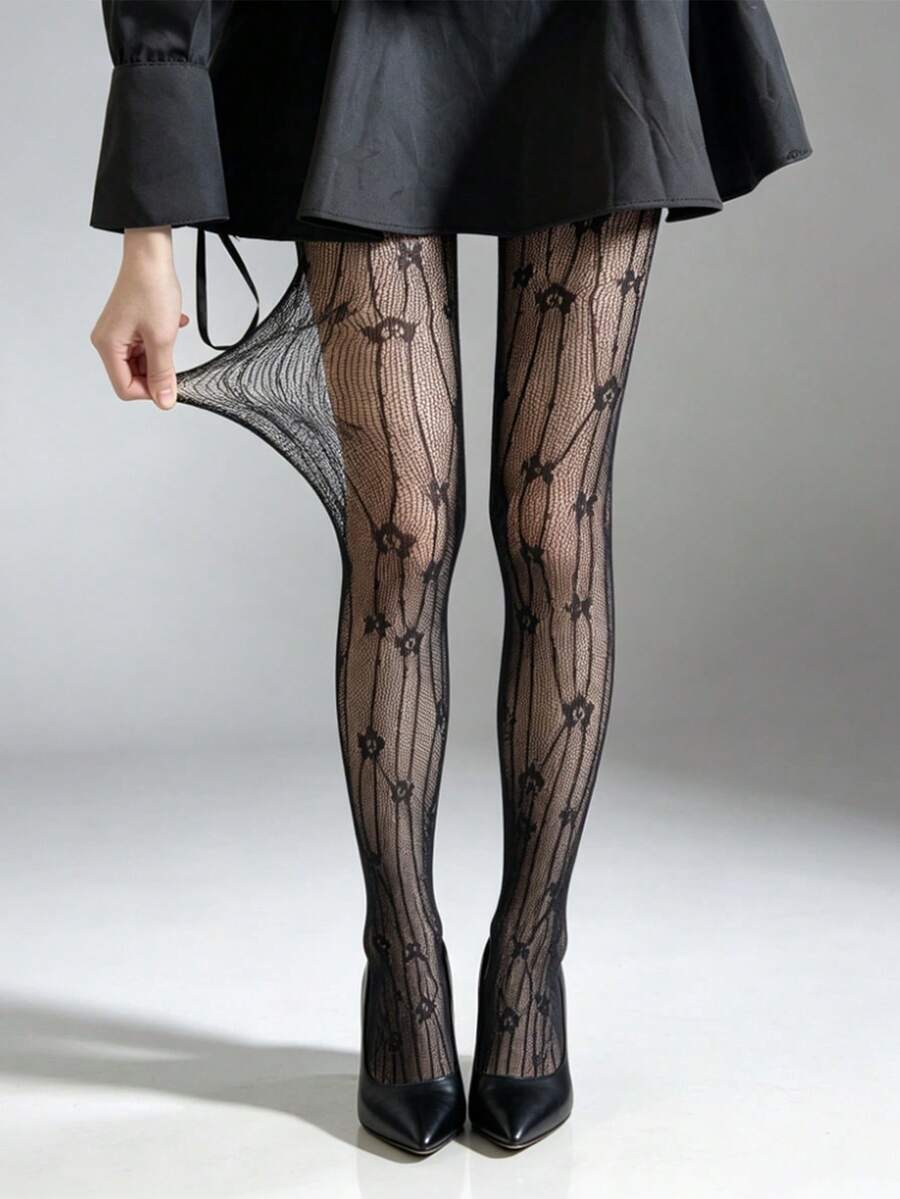 Black Vertical Striped Ditsy Floral Lace Jacquard Mesh Tights Anti-Slip Minimalist Sexy Style Black Leggings 1 Pair Suitable For Daily Commute Outfit - Black - View 1