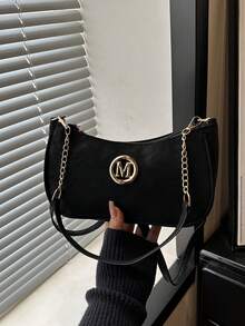 M Logo 法式復古腋下包女款，新款鏈條肩背小方包斜跨休閒百搭 - 黑色 - 查看 8
