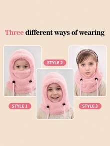 1pc Kids Plush Balaclava Hood, Adjustable Drawstring, Multiple Soft Colors, Winter Outdoor Warmth, Suitable For Skiing, School And Snow Play - Ear Protection and Neck Scarf Hat - View 7