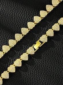 10mm Heart-Shaped Chain Necklace & Bracelet, Elegant Hip-Hop Cuban Chain Design With Crystal Heart Pendant, Suitable For Daily Wear - Full Diamond Heart Chain - View 7