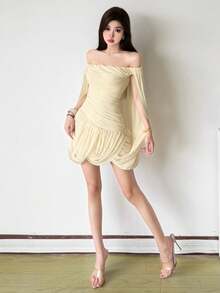 Women's Sleeveless Sequin Off-Shoulder Bodycon Mini Dress, Made Of Knit Fabric With Back Opening And Asymmetric Hemline - Yellow - View 8