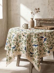 1pc Beige Base Green Branch & Blue Bird Print Tablecloth, French Fresh Style Linen Blend Fabric, Square Shape With Beige Tassel Edge Detail, Stain-Resistant Desktop Protector, Functional Dining Table Cloth Suitable For Daily Breakfast And Cozy Home Decor Scenes - Beige - View 8