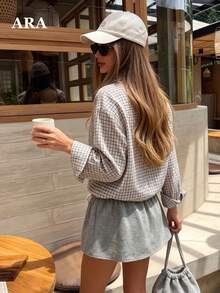 ARA CHIC Women's Gray Casual Mini Skirt, Elastic Waist Drawstring A Line Short Skirt, Soft Loose Vacation Weekend Everyday Skirt - Grey - View 4