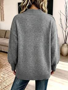 Plus-Size Women's Plush Knit Turtleneck Pullover Sweater With Asymmetric Cold-Shoulder Dropped Shoulder Design, A Must-Have For Autumn And Winter - Grey - View 5