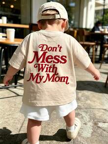 Newborn Baby Summer Casual Short Sleeve T-Shirt, "Don't Mess With My Mom" Slogan Print Round Neck Top - Apricot - View 2