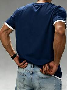 Men's Summer Casual Fashion Versatile Commute Minimalist Print Colorblock Crew Neck Short Sleeve T-Shirt - Navy Blue - View 2
